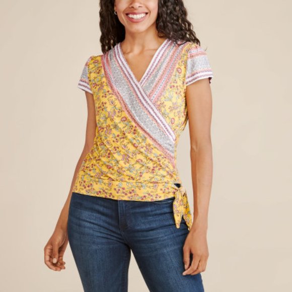Loveappella Tops - Short Sleeve Floral Wrap Shirt